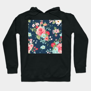 Pink Girly Floral Flowers, Pretty Feminine Pattern on Blue Background Hoodie